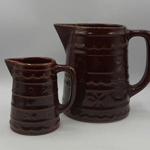 Vtg MCM Marcrest 6&quot; Brown Daisy Dot Stoneware Pitcher & 4&quot; Creamer Syrup  USA