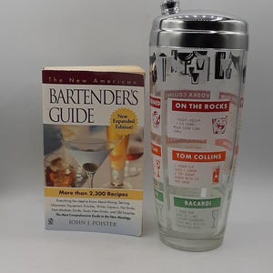 Vintage Glass Recipes COCKTAIL SHAKER 12 Drink MCM Barware Chrome Art Deco