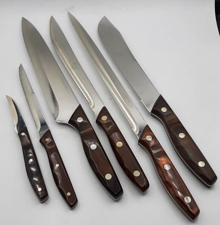 Mid Century Zylco Handcrafted Knife Set Wood Handle Stainless