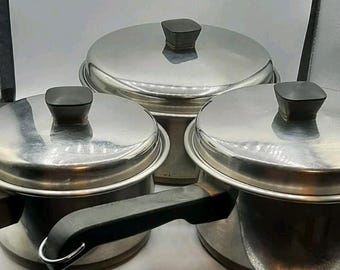 Vintage 3 Tecoware Copper Bottom Stainless Pots With Lids Made in Canada