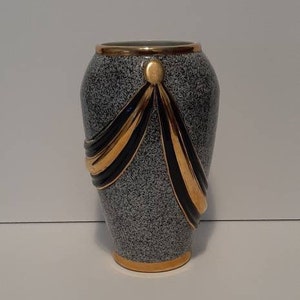 Vintage MCM Black Gold & Cream Thick Ceramic Flower Vase 10 1/4&quot; High