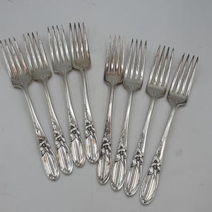 May include: A collection of eight silver forks. Each fork has a tined head and a long handle with a floral design. The forks are arranged on a light gray surface, showcasing their reflective, polished surfaces.
