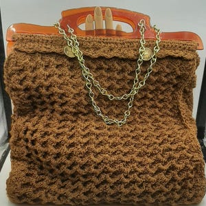 Bolso de mano vintage de macramé de los años 70, estilo boho hippie, forrado con asas de acrílico y botones