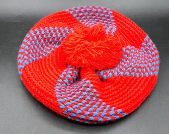 Vintage Handcrafted Knit Beret Tam Hat Unisex One Size Red & Blue Pom Pom Taiwan