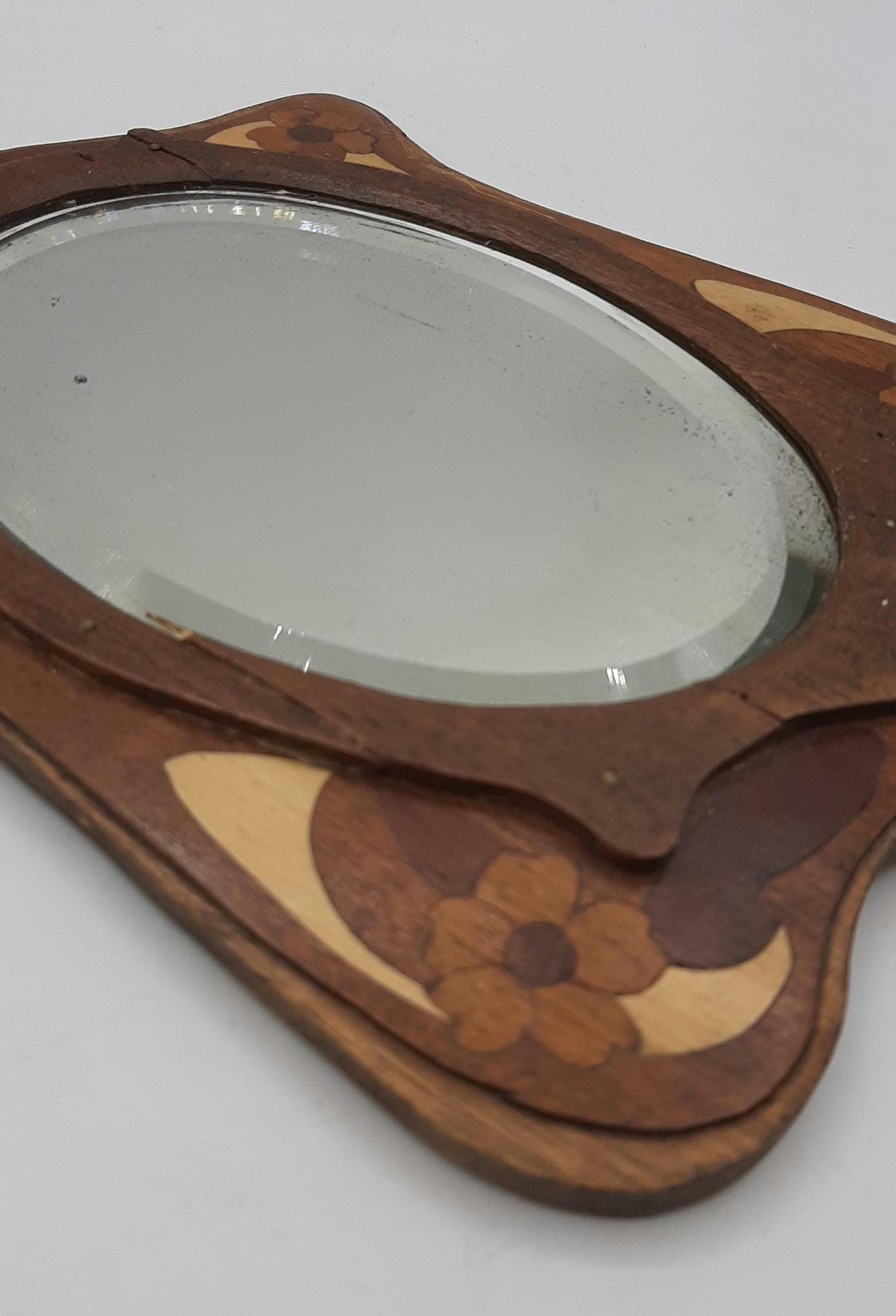 鏡　面取り　木製　ビンテージ　　アンティーク アンティーク ヴィンテージ 手持ち 手作り 木製 ミラー 面取りガラス