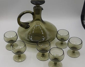 Vintage Smokey Green Handblown Decanter with Stopper & 6 Stemmed Glasses