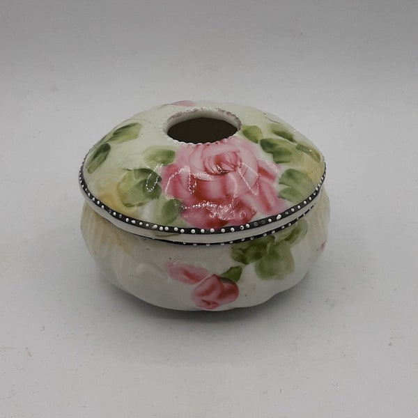 Antique Vintage Hair Receiver Hand Painted Pink Roses Green Leaves Porcelain