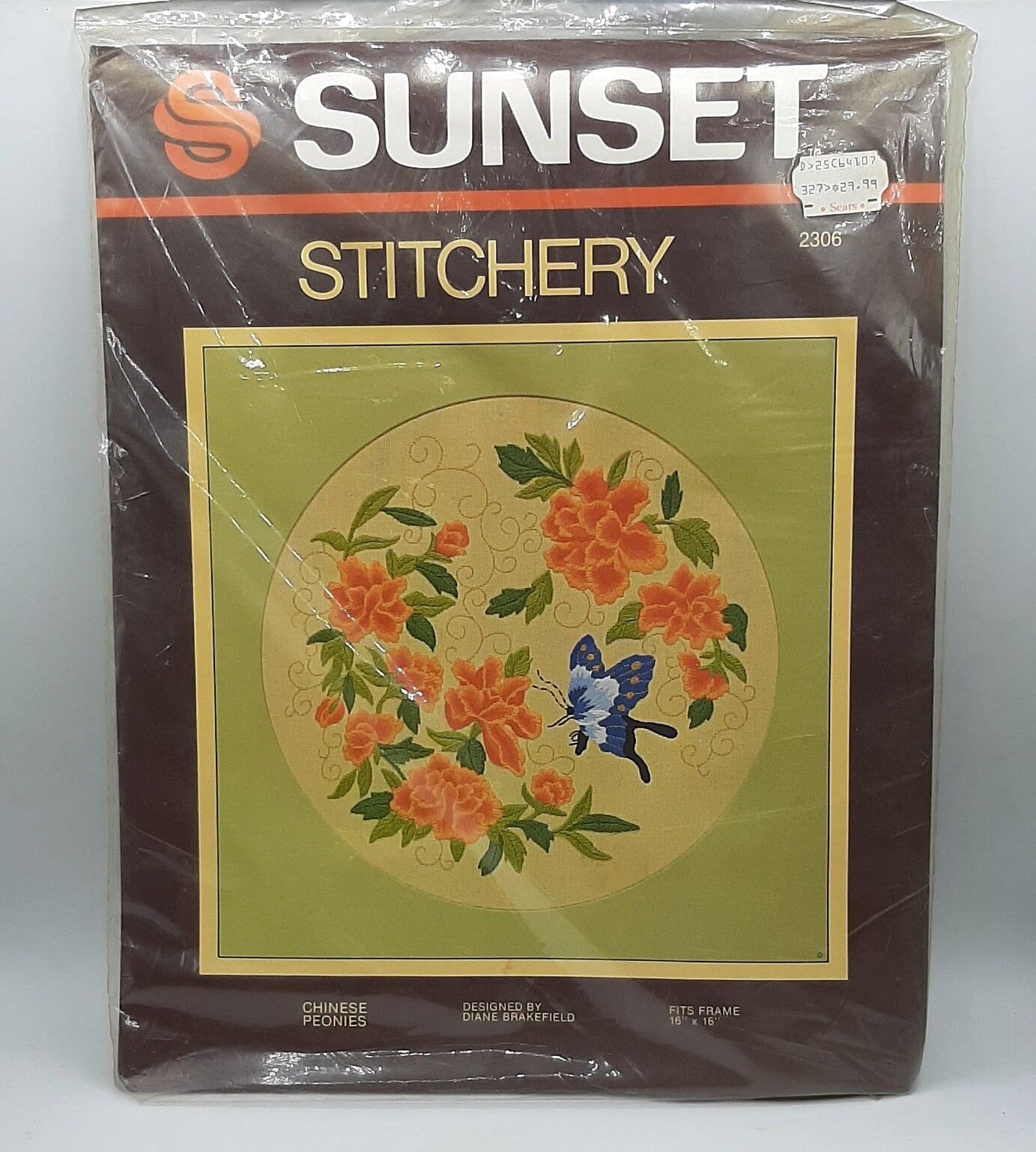 Vintage Sunset Stitchery #2306 Sealed Crewel Kit Chinese Peonies 16" x 16" Frame