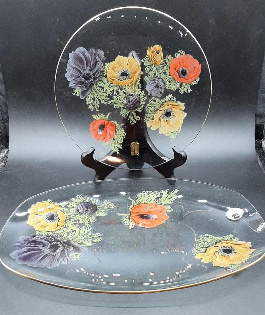 Vintage Chance Glass Poppy Serving Plate Round Plate Reverse Painted ...