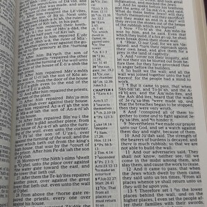 May include: An open book with text from the Bible, featuring the chapter title "Nehemiah 4:14" and a list of verses. The pages are yellowed, and the text is in black.