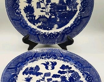2 Vintage Willow Blue Transferware Plates Marked Japan 9 3/8 In  Some Crazing