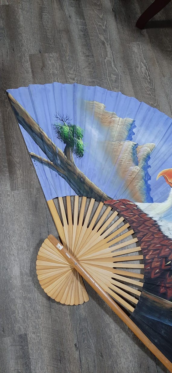 大型60インチ中国製竹製手描き扇形鷲の風景壁掛け（希少） - Etsy 日本