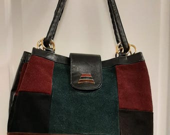 Vintage Women's Shoulder Purse Color Block Suede Vegan Leather BOHO Bag