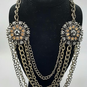 Vintage Two Large Rhinestone Medallion Chain Necklace Womens Statement Jewelry