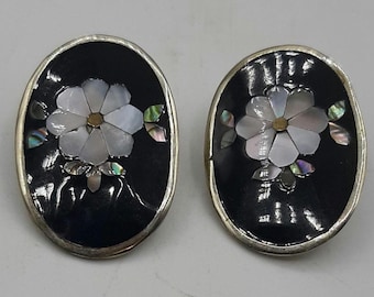 Vintage Alpaca Mexico Enameled Abalone Inlaid Stud Earrings Signed Stamped