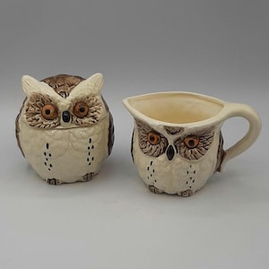 Vintage 1970s Enesco Japan Ceramic Owl Creamer & Covered Sugar Bowl 3D Design