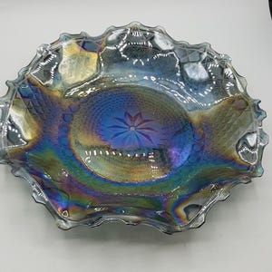 Vtg Indiana Carnival Glass Blue Iridescent 10.5” Dish Shallow Bowl Ruffled Edge