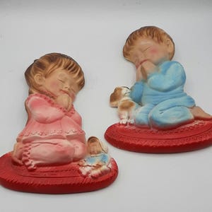 Vintage Chalkware Boy and Girl Praying Wall Hanging Set Of 2 Children Dog Doll