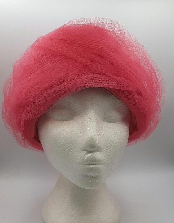 Holt Renfrew 1960s Turban Mod Hat Hot Pink Netting Tulle  display picture 2