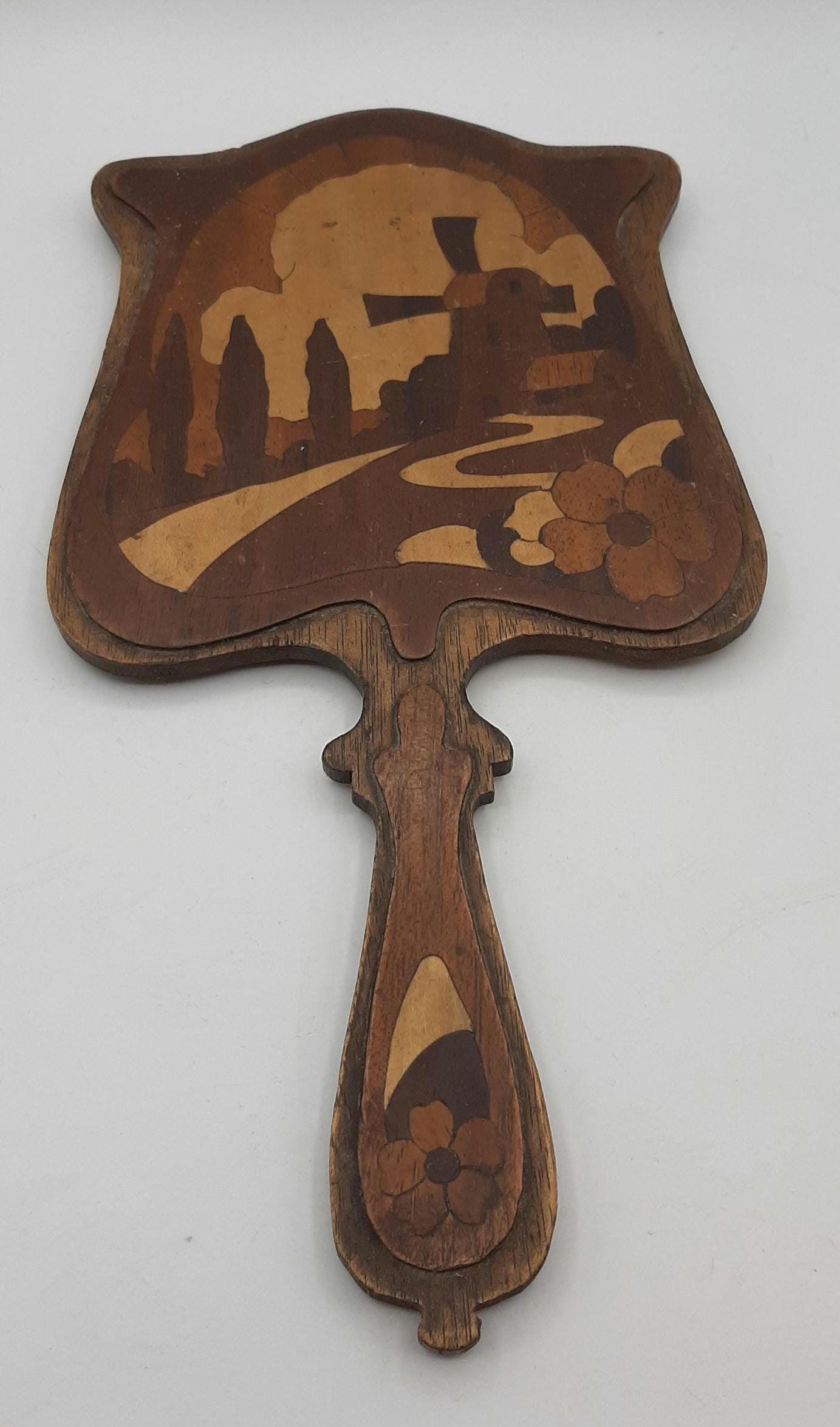 アンティーク ヴィンテージ 手持ち 手作り 木製 ミラー 面取りガラス