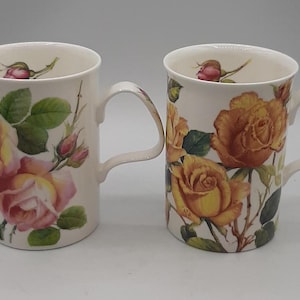 Vintage Roy Kirkham English Rose 2 Mugs Fine Bone China Made in England 1992
