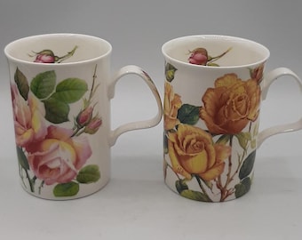 Vintage Roy Kirkham English Rose 2 Mugs Fine Bone China Made in England 1992