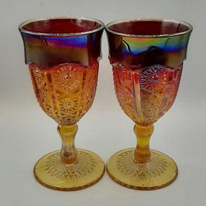 Vintage Set 2 Indiana Glass Carnival Iridescent Amberina Sunburst Goblets MCM