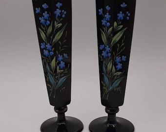 Pair of Antique Black Glass Bus Vases Hand Painted Enamel Floral Gold Gilt Accent