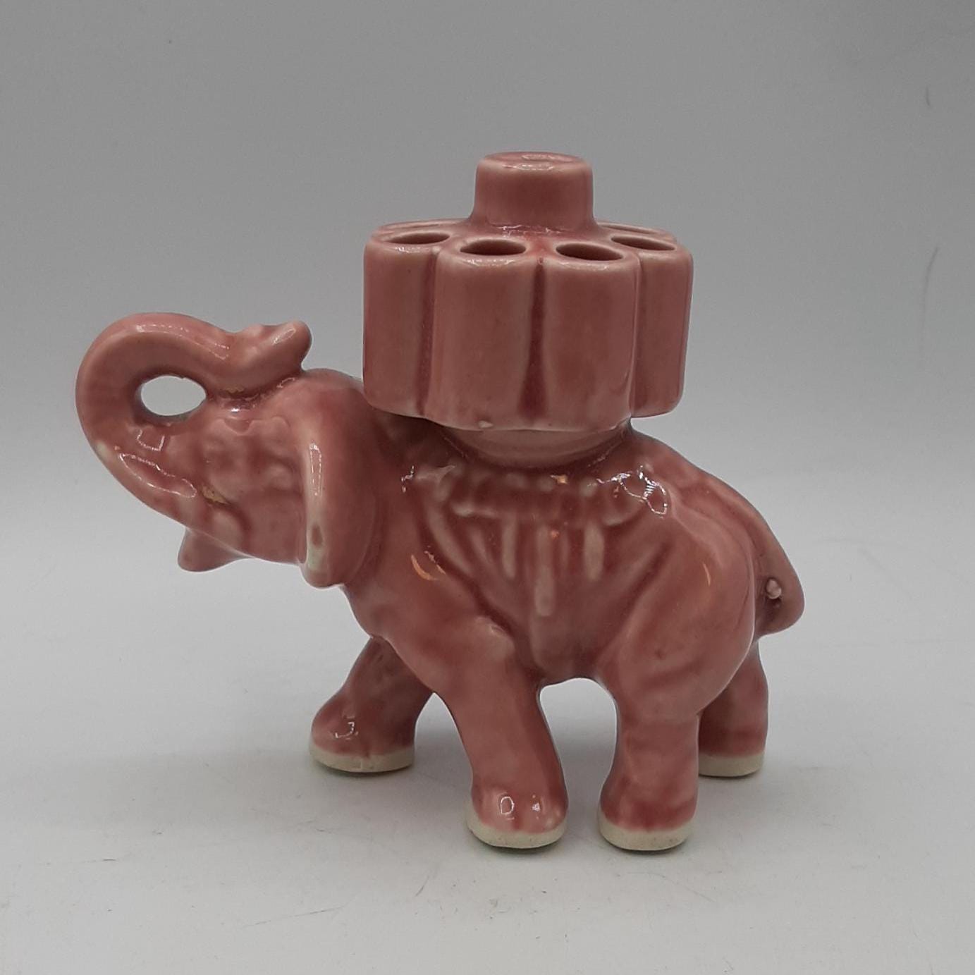 Rare Vtg Pink Elephant Ceramic Cigarette Holder Pen Pencil Brush Holder  Japan