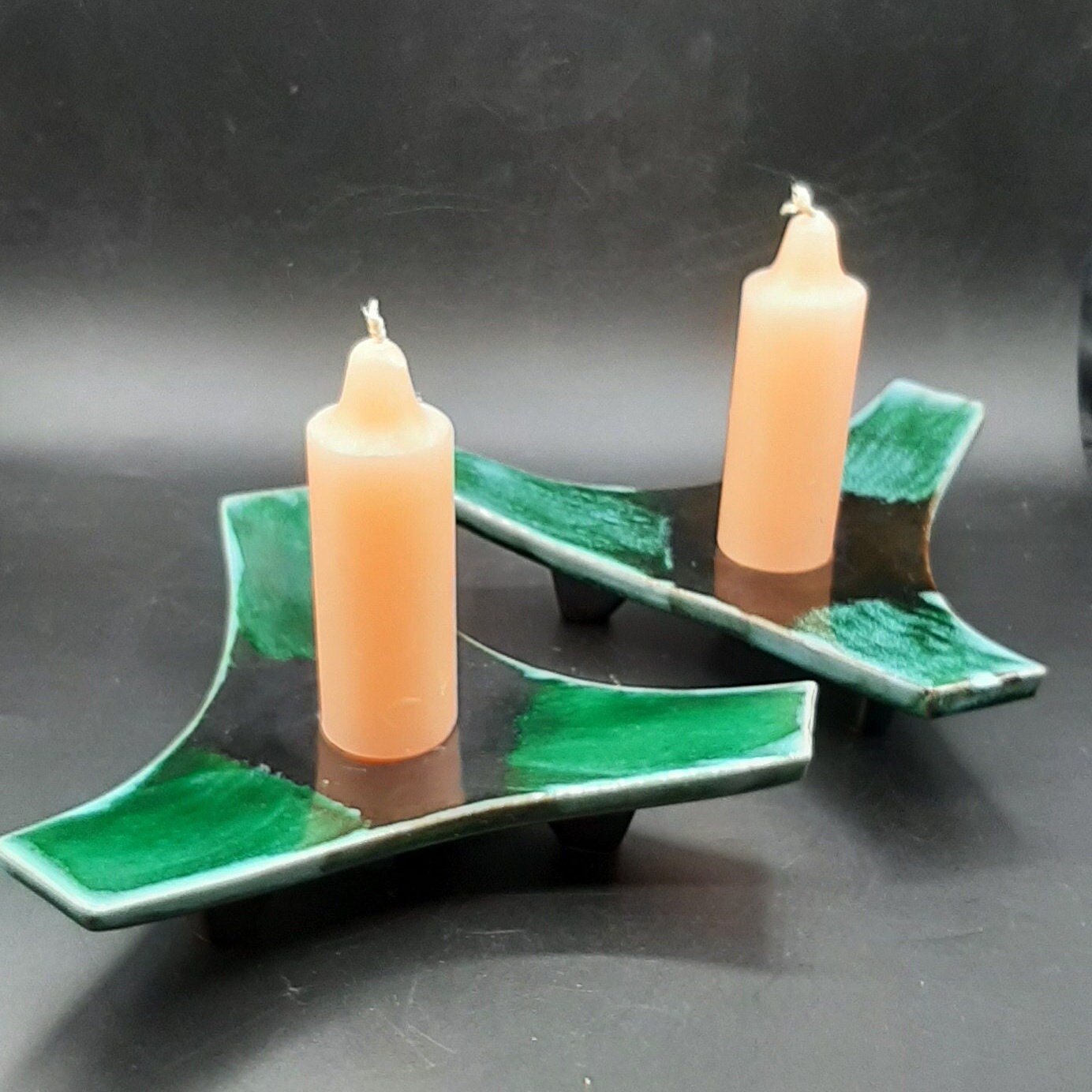 2 Vintage Blue Mountain Pottery? Canada Candle Holders Green Drip Retro Boho