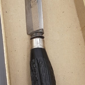 Puede incluir: Un cuchillo de caza vintage con una hoja de acero inoxidable y un mango oscuro y texturizado. El cuchillo est&aacute; en una caja de cart&oacute;n. La hoja tiene las palabras "STAINLESS STEEL" y un logotipo.