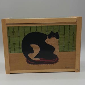 VTG 1997 Warren Kimble Boîte à recettes en bois Kitty Cat Kamenstein Fiches Recettes
