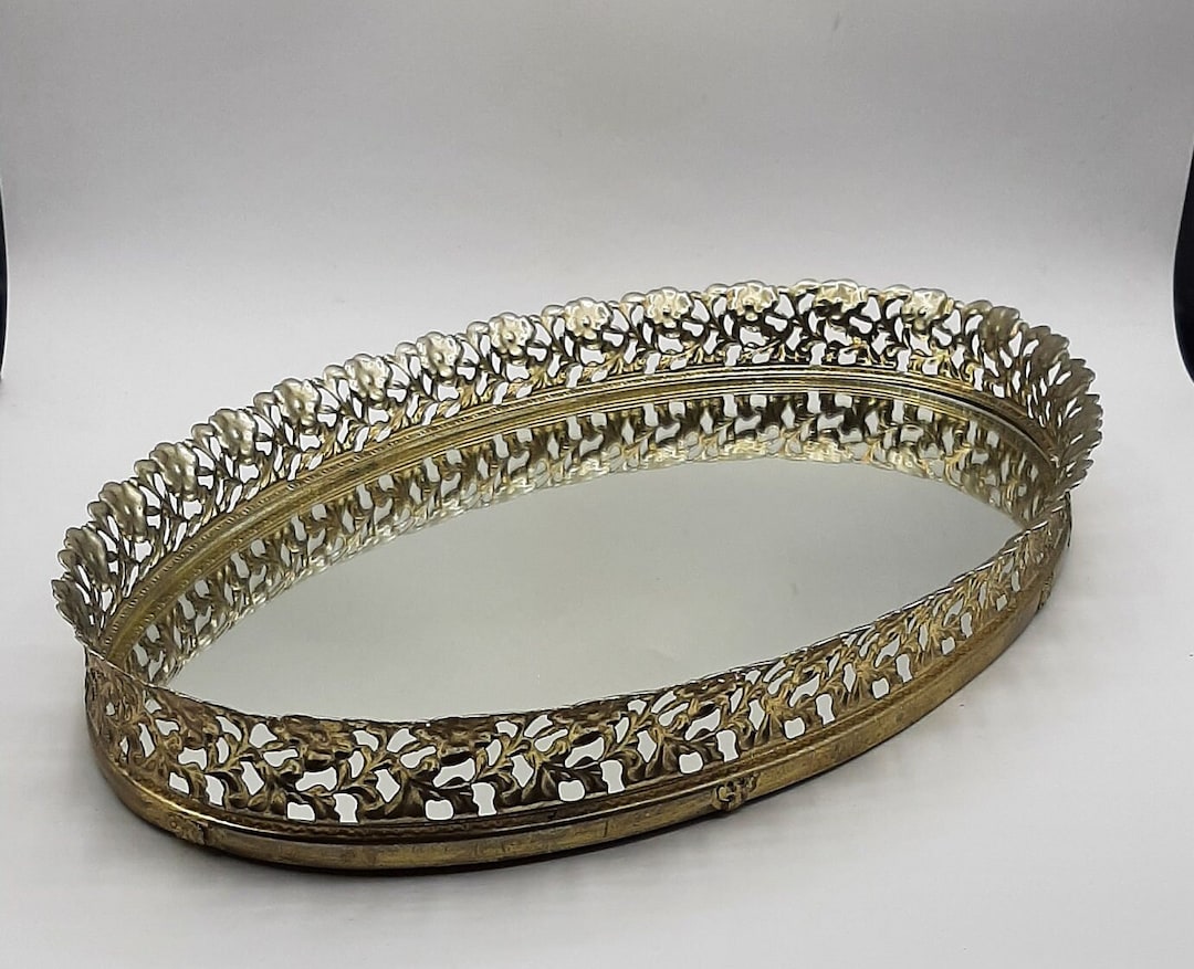 Vintage Brass Vanity Mirror Tray Gold Filigree Ormolu Oval Etsy