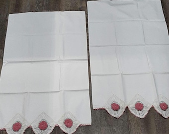 Federe vintage all'uncinetto ricamate a mano, motivo cottage floreale, coppia grande