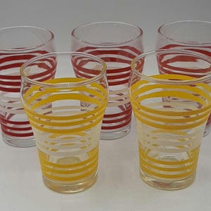 Vintage Dominion Glass Striped Juice Glasses 1960s Set of 5 Red and Yellow Rare