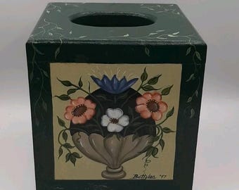 Vintage Floral Tole Art Square Wooden Tissue Box Cover 6 X 6 Hand Painted