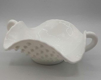 Vintage Fenton White Milk Glass Hobnail Double Handled Ruffled Candy Nut Dish33