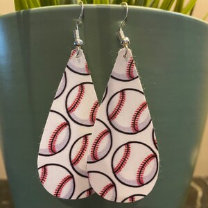Baseball Pattern- Faux Leather Earrings- Teardrop Design