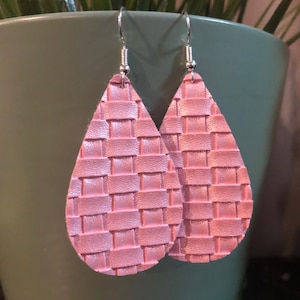 Pink Braided Leather Earrings- Faux Leather- Teardrop Design