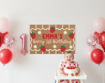 Custom Birthday Banner, custom event banner, personalized banner, Berry 1st birthday theme, 1st birthday sign, girls strawberry birthday