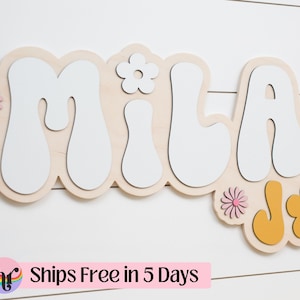 Custom wood name sign | Boho name sign | Girls Name Sign | Above crib sign | Baby shower gift | Daisy wood sign  | Retro Nursery Sign