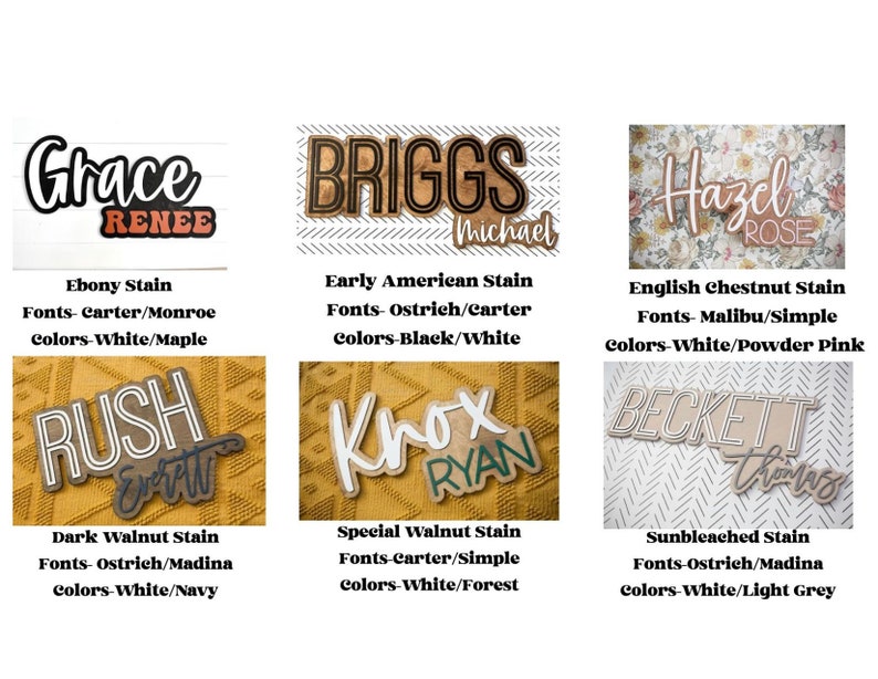 May include: A collection of six wooden signs with different names and stain colors. The signs are made of wood and have a rustic look. The names on the signs are Grace Renee, Briggs Michael, Hazel Rose, Rush Everett, Knox Ryan, and Beckett Thomas. The stain colors are Ebony, Early American, English Chestnut, Dark Walnut, Special Walnut, and Sunbleached.