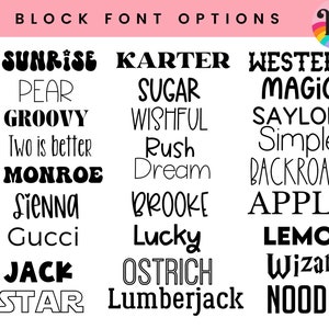May include: A pink background with the text "BLOCK FONT OPTIONS" in black.  Below the text are 18 different font styles in black, each with a different word or phrase.  The font styles include "Sunrise", "Karter", "Western", "Pear", "Sugar", "Magic", "Groovy", "Wishful", "Saylor", "Two is better", "Rush", "Simple", "Monroe", "Dream", "Backroads", "Sienna", "Brooke", "Apple", "Gucci", "Lucky", "Lemon", "Jack", "Ostrich", "Wizard", "Star", "Lumberjack", and "Noodle".
