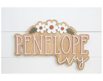 Custom wood name sign | Boho name sign | Girls Name Sign | Above crib sign | Baby shower gift | Daisy wood sign  | Retro Nursery Sign