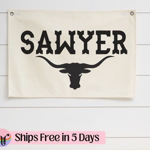 Personalized canvas banner | Baby name flag | Custom name flag | Desert Nursery | Longhorn decor | Western Nursery | Boho nursery decor