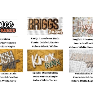 May include: A collection of personalized wooden name signs in various styles. Each sign features a different font and color scheme, with names like "Grace," "Briggs," and "Hazel." The signs are designed for home decor or nursery use.
