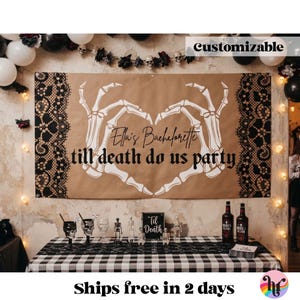 Till Death Do Us Party Bachelorette Banner | Spooky Bridal Shower Backdrop | Skeleton Hands Heart Sign | Gothic Wedding Decor