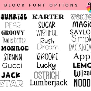 Puede incluir: Un fondo rosa con las palabras "BLOCK FONT OPTIONS" en texto negro. La imagen muestra una variedad de fuentes en texto negro, incluyendo "Sunrise", "Karter", "Wonder", "Pear", "Sugar", "Magic", "Groovy", "Wishful", "Saylor", "Two is better", "Rush", "Simple", "Monroe", "Dream", "Backroads", "Sienna", "Brooke", "Apple", "Gucci", "Lucky", "Lemon", "Jack", "Ostrich", "Wizard", "Star", "Lumberjack" y "Noodle".