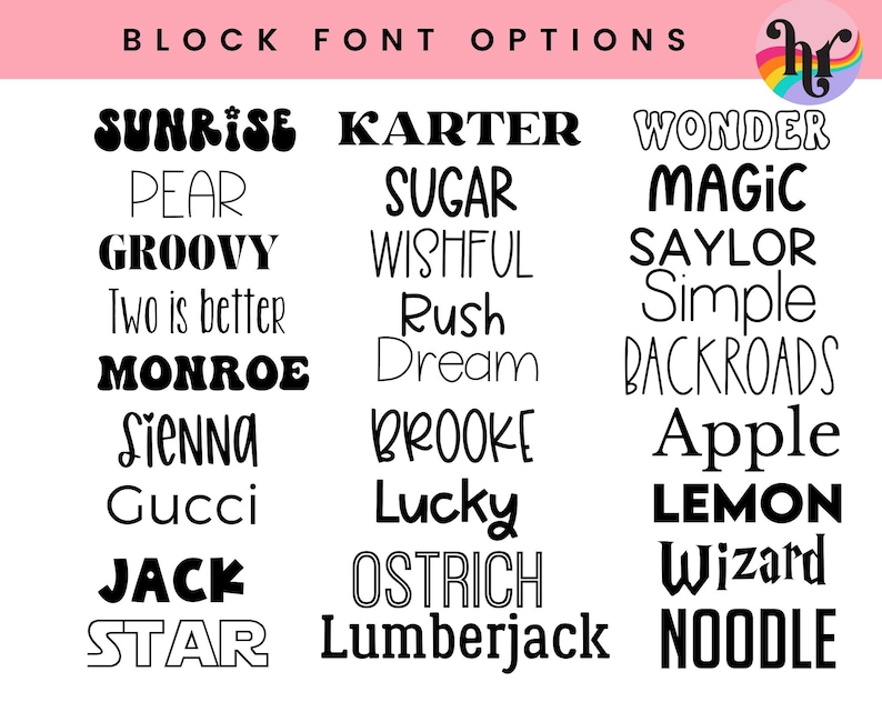 Puede incluir: Un fondo rosa con las palabras "BLOCK FONT OPTIONS" en texto negro. La imagen muestra una variedad de fuentes en texto negro, incluyendo "Sunrise", "Karter", "Wonder", "Pear", "Sugar", "Magic", "Groovy", "Wishful", "Saylor", "Two is better", "Rush", "Simple", "Monroe", "Dream", "Backroads", "Sienna", "Brooke", "Apple", "Gucci", "Lucky", "Lemon", "Jack", "Ostrich", "Wizard", "Star", "Lumberjack" y "Noodle".