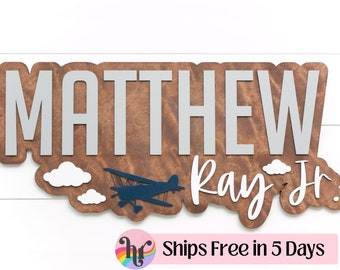 Large name sign for nursery | Airplane Nursery Sign | Nursery sign with middle name | Boys nursery sign| Layered Name Sign